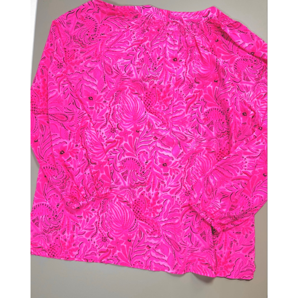 Lilly Pulitzer Womans Top Pink Black Floral Silk Blouse XL Resort Summer - Picture 3 of 7